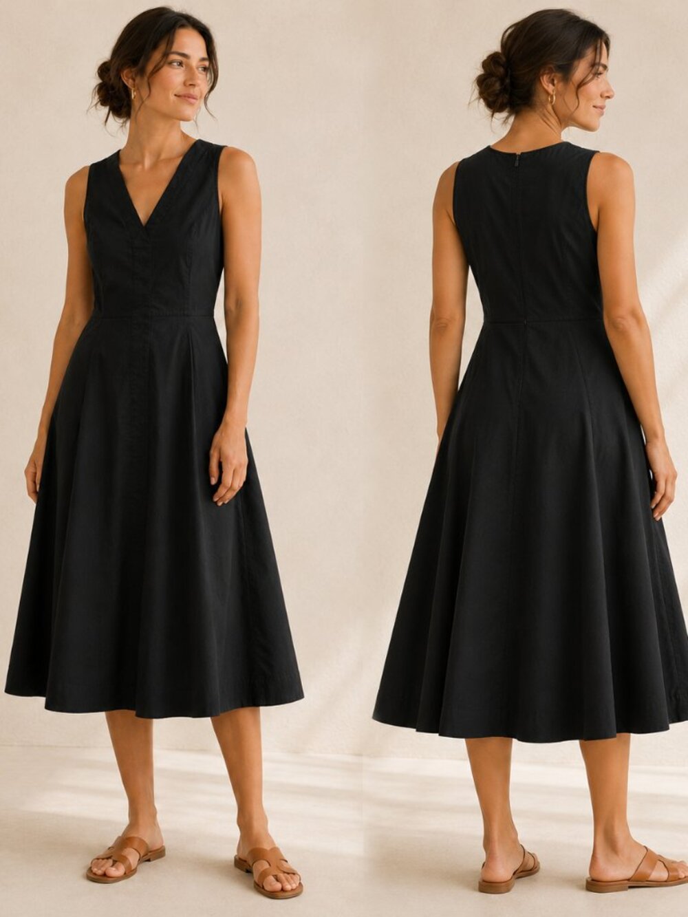 100% Cotton Sleeveless V-Neck Midi Dress, black S Coastal Preppy Travel Resort